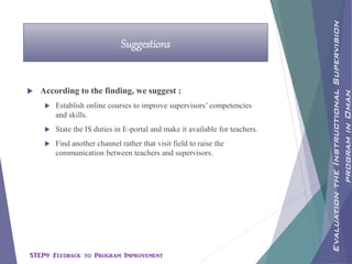  According to the finding, we suggest :
 Establish online courses to improve supervisors’ competencies
and skills.
 State the IS duties in E-portal and make it available for teachers.
 Find another channel rather that visit field to raise the
communication between teachers and supervisors.
Suggestions
EvaluationtheInstructionalSupervision
programinOman
STEP9 :Feedback to Program Improvement
 