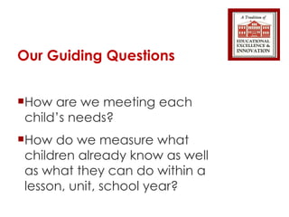 Our Guiding Questions How are we meeting each child’s needs? How do we measure what children already know as well as what they can do within a lesson, unit, school year? 