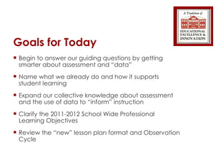 Goals for Today Begin to answer our guiding questions by getting smarter about assessment and “data” Name what we already do and how it supports student learning Expand our collective knowledge about assessment and the use of data to “inform” instruction Clarify the 2011-2012 School Wide Professional Learning Objectives Review the “new” lesson plan format and Observation Cycle 