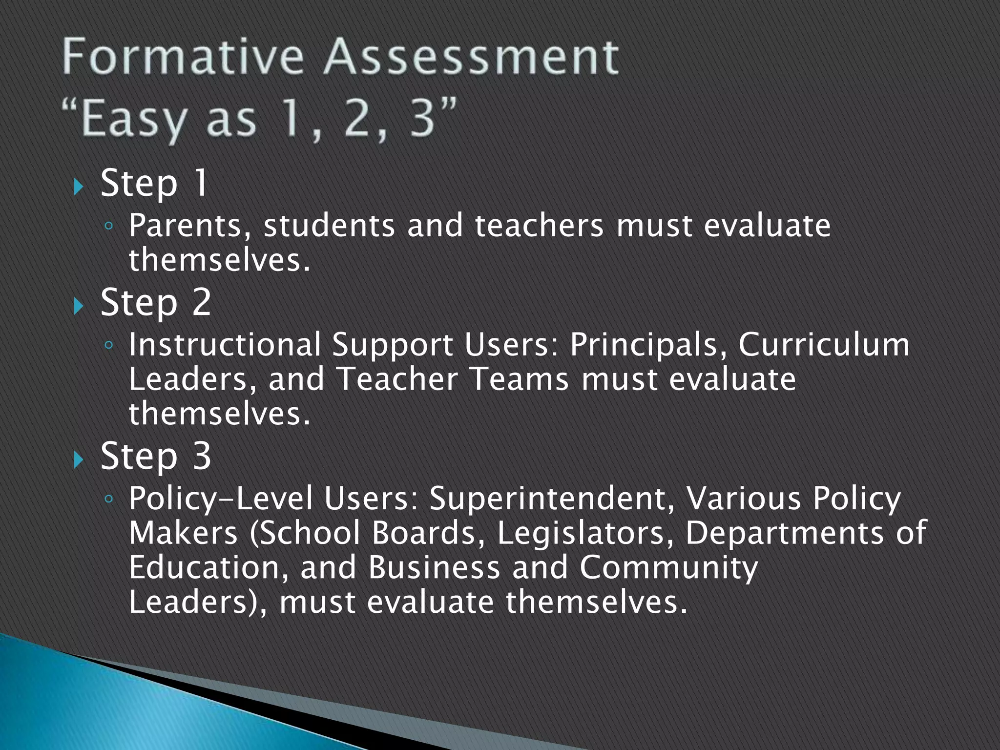 Step 1Parents, students and teachers must evaluate themselves. Step 2 Instructional Support Users: Principals, Curriculum Leaders, and Teacher Teams must evaluate themselves. Step 3 Policy-Level Users: Superintendent, Various Policy Makers (School Boards, Legislators, Departments of Education, and Business and Community Leaders), must evaluate themselves. Formative Assessment“Easy as 1, 2, 3”