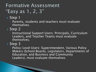 Step 1Parents, students and teachers must evaluate themselves. Step 2 Instructional Support Users: Principals, Curriculum Leaders, and Teacher Teams must evaluate themselves. Step 3 Policy-Level Users: Superintendent, Various Policy Makers (School Boards, Legislators, Departments of Education, and Business and Community Leaders), must evaluate themselves. Formative Assessment“Easy as 1, 2, 3”