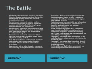 The Battle Formative 	Summative Specifically, educators collect, organize, and analyze formative data during an instructional time period; during lessons, through homework, and other instructional activities.Formative data assessments are used to adjust instructional practices in an effort to address and maximize individual students’ learning, to gauge students’ progress; and assign grades.Formative data assessments provide educators with timely, critical evidence that indicate students’ skill level, their concept mastery, and their progress toward curriculum goals.Formative data assessments are conducted in a variety of different ways; educators use the data to adapt their teaching methods.Data-driven teachers see positive results from their students when they routinely collect formative assessment data and then focus interventions accordingly.Educators are able to utilize formative assessment data to develop meaningful instruction for students. Summative data assessments produce valuable information that is used to make curriculum decisions, direct future instruction, and improve instructional practices.School personnel are expected to use information from yearly summative data assessments to improve student learning and improve instructional practices.Local education agencies (LEA), curriculum experts, and school districts analyze relevant summative assessment data when developing curriculum goals, student learning outcomes, and school improvement plans.Summative assessment data are collected at the end of a chapter, unit, or course; after instruction has taken place.Summative assessment data is obtained through a variety of means including tests, projects, and student portfolios.SATs, ACTs, and High School Assessments are some examples of summative assessments.