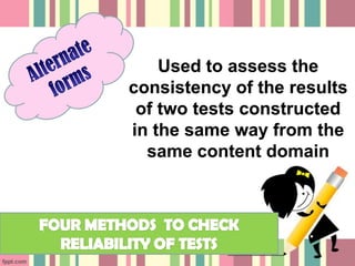 Used to assess the
consistency of the results
 of two tests constructed
in the same way from the
  same content domain
 