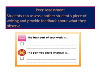 Peer Assessment
Students can assess another student’s piece of
writing and provide feedback about what they
observe.
 