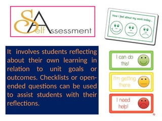It involves students reflecting
about their own learning in
relation to unit goals or
outcomes. Checklists or open-
ended questions can be used
to assist students with their
reflections.
 