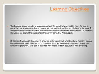 Learning Objectives
 The learners should be able to recognise parts of the story that was read to them. Be able to
name the characters correctly and discuss with each other their likes and dislikes of the story. To
compare differences about certain characters and explain what made them different. To use their
knowledge to answer the questions in the activity correctly. With support.
 LF (literacy framework) Objective: To show an understanding of what they have heard by asking
questions to find more information. To contribute to conversations and respond to others, taking
turns when prompted. Take part in activities with others and talk about what they are doing.
 