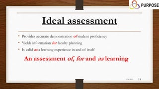 Ideal assessment
• Provides accurate demonstration of student proficiency
• Yields information for faculty planning
• Is valid as a learning experience in and of itself
An assessment of, for and as learning
1/26/2015 18
 