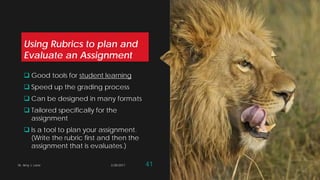 Using Rubrics to plan and
Evaluate an Assignment
 Good tools for student learning
 Speed up the grading process
 Can be designed in many formats
 Tailored specifically for the
assignment
 Is a tool to plan your assignment.
(Write the rubric first and then the
assignment that is evaluates.)
Dr. Amy J. Lane 2/28/2017 41
 