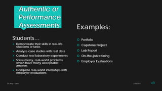 Authentic or
Performance
Assessments Examples:
 Portfolio
 Capstone Project
 Lab Report
 On-the-job training
 Employer Evaluations
Students…
 Demonstrate their skills in real-life
situations or tasks
 Analyze case studies with real data
 Conduct real laboratory experiments
 Solve messy, real-world problems
which have many acceptable
answers
 Complete real-world internships with
employer evaluations
Dr. Amy J. Lane 2/28/2017 49
 