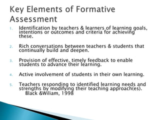 1. Identification by teachers & learners of learning goals, 
intentions or outcomes and criteria for achieving 
these. 
2. Rich conversations between teachers & students that 
continually build and deepen. 
3. Provision of effective, timely feedback to enable 
students to advance their learning. 
4. Active involvement of students in their own learning. 
5. Teachers responding to identified learning needs and 
strengths by modifying their teaching approach(es). 
Black &Wiliam, 1998 
 
