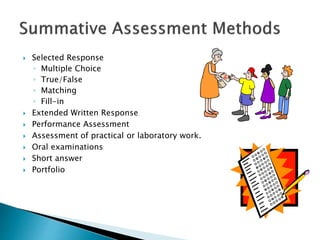  Selected Response 
◦ Multiple Choice 
◦ True/False 
◦ Matching 
◦ Fill-in 
 Extended Written Response 
 Performance Assessment 
 Assessment of practical or laboratory work. 
 Oral examinations 
 Short answer 
 Portfolio 
 