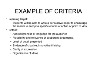 EXAMPLE OF CRITERIA
• Learning target:
– Students will be able to write a persuasive paper to encourage
the reader to accept a specific course of action or point of view.
• Criteria:
– Appropriateness of language for the audience
– Plausibility and relevance of supporting arguments.
– Level of detail presented
– Evidence of creative, innovative thinking
– Clarity of expression
– Organization of ideas
 