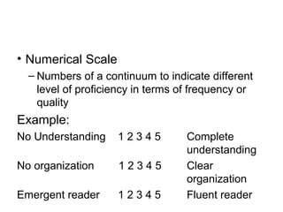 • Numerical Scale
– Numbers of a continuum to indicate different
level of proficiency in terms of frequency or
quality
Example:
No Understanding 1 2 3 4 5 Complete
understanding
No organization 1 2 3 4 5 Clear
organization
Emergent reader 1 2 3 4 5 Fluent reader
 
