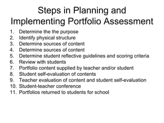 Steps in Planning and
Implementing Portfolio Assessment
1. Determine the the purpose
2. Identify physical structure
3. Determine sources of content
4. Determine sources of content
5. Determine student reflective guidelines and scoring criteria
6. Review with students
7. Portfolio content supplied by teacher and/or student
8. Student self-evaluation of contents
9. Teacher evaluation of content and student self-evaluation
10. Student-teacher conference
11. Portfolios returned to students for school
 