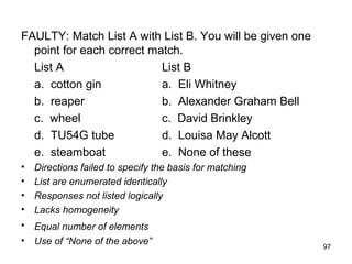 97
FAULTY: Match List A with List B. You will be given one
point for each correct match.
List A List B
a. cotton gin a. Eli Whitney
b. reaper b. Alexander Graham Bell
c. wheel c. David Brinkley
d. TU54G tube d. Louisa May Alcott
e. steamboat e. None of these
• Directions failed to specify the basis for matching
• List are enumerated identically
• Responses not listed logically
• Lacks homogeneity
• Equal number of elements
• Use of “None of the above”
 