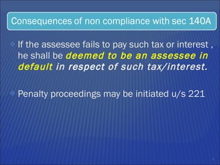 If the assessee fails to pay such tax or interest , he shall be  deemed to be an assessee in default  in  respect  of such tax/interest.  Penalty proceedings may be initiated u/s 221 