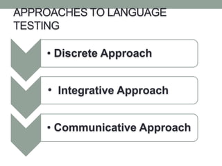 APPROACHES TO LANGUAGE
TESTING
• Discrete Approach
• Integrative Approach
• Communicative Approach
 