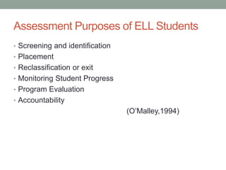Assessment Purposes of ELL Students
• Screening and identification
• Placement
• Reclassification or exit
• Monitoring Student Progress
• Program Evaluation
• Accountability
(O’Malley,1994)
 