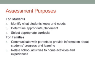 Assessment Purposes
For Students
a. Identify what students know and needs
b. Determine appropriate placement
c. Select appropriate curricula
For Families
a. Communicate with parents to provide information about
students’ progress and learning
b. Relate school activities to home activities and
experiences
 