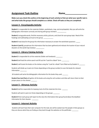 Assignment Task Outline                                                  Name_________________
Make sure you check this outline at the beginning of each activity to find out what your specific task is
and what tasks the groups should complete as a whole. Check off tasks as they are completed.

Lesson 3 - Encyclopedia Activity
Student 1 is responsible for the materials (folders, worksheets, map, and encyclopedia). Also you will write the
bibliographic information correctly and sharing with group members. ___________

Student 2 using guide words, find the necessary article, pictures, and charts for your group topic. Read all the
headings and subheading out loud to the group. ____________

Student 3 read aloud to the group the information necessary to answer the worksheet questions. _____

Student 4 (and 5), paraphrase the information that has been gathered and indicate the location of your natural
disasters on the world map handout. __________

Lesson 4 - Library Catalog Activity
Student 2 is responsible for all the materials (folder and handouts). ________

Student 3 will lead the online search and fill out the "Look for a Book" form. _________

Student 1 will locate the books on the shelves using the "Look for a Book" form filled out by Student 3. _______

Students will divide up in pairs (or threes depending on the group number) to scan the books for relevant
information. ________

All students will write the bibliographic information for the books they used. _______

Student four (and five) will gather all the books and using the call numbers and titles will return them to their
proper places on the shelves. _______

Lesson 5 - Almanac Activity
Student 3 will be responsible for keeping track of all the materials this time. _______

Students will work in pairs (or threes depending on the group). ________

Student 4 from each group will report to the class the information their group found about the deadliest
information for their disaster. ________

Lesson 6 - Internet Activity
 Students will each have their own computer for this task, but will be seated near the people in their groups so
they can discuss what they are finding as they look through the websites on the pathfinder. ________
 