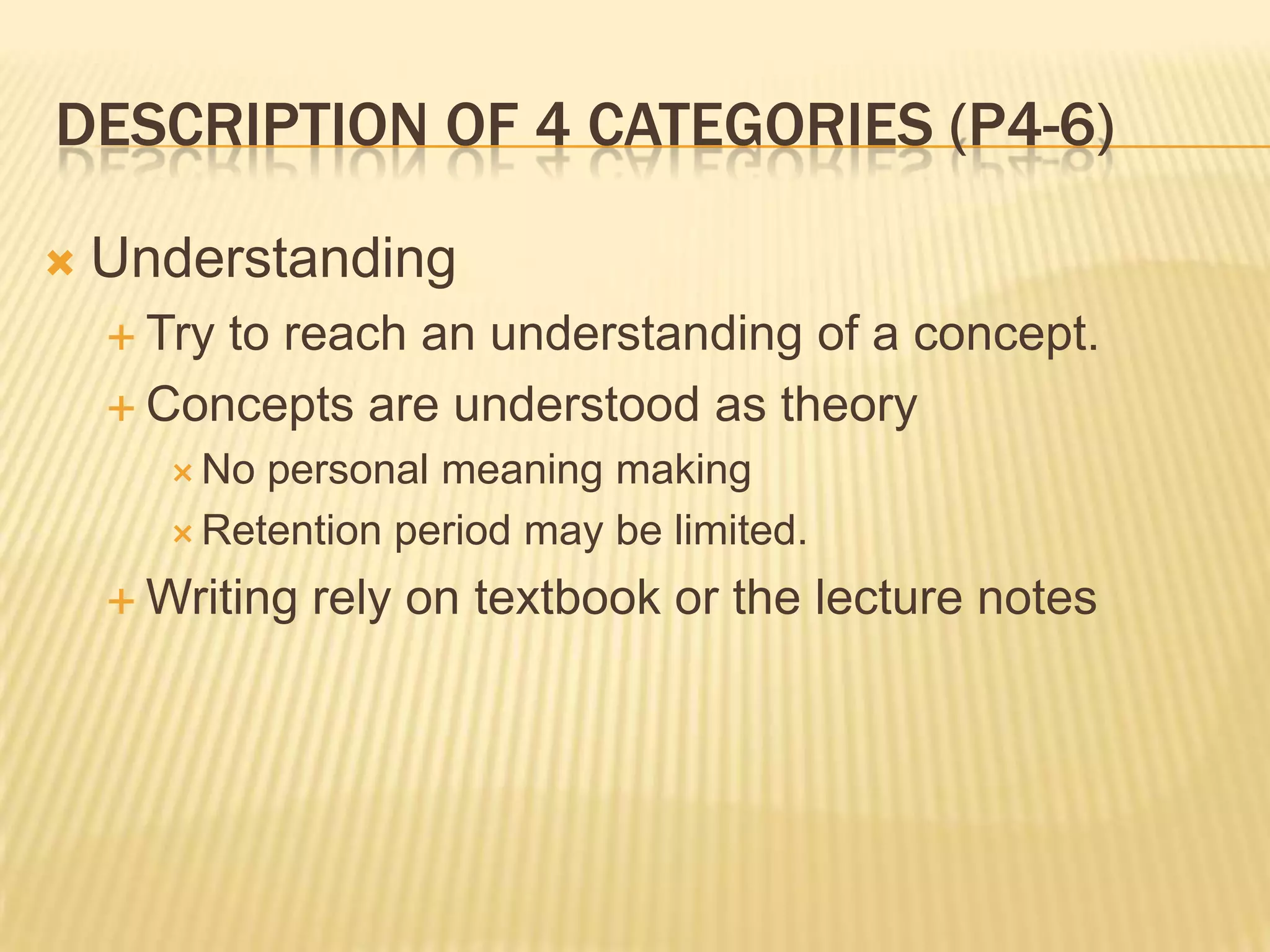 DESCRIPTION OF 4 CATEGORIES (P4-6)

   Understanding
     Tryto reach an understanding of a concept.
     Concepts are understood as theory
       No personal meaning making
       Retention period may be limited.

     Writing   rely on textbook or the lecture notes
 