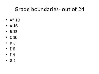Grade boundaries- out of 24 
• A* 19 
• A 16 
• B 13 
• C 10 
• D 8 
• E 6 
• F 4 
• G 2 
 