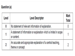 AO1 
• Question (a) 
0 No statement of relevant information of 
explanation. 
1 A statement of information or explanation 
which is limited in scope or content. 
2 An accurate and appropriate explanation of a 
central teaching, theme or concept. 
 