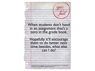 When students don’t hand 
in an assignment that’s a 
zero in the grade book. 
Hopefully it’ll encourage 
them to do better next 
time; besides, what else 
can I do? 
creative commons licensed (BY) flickr photo by Free Grunge Textures - www.freestock.ca: 
http://flickr.com/photos/80497449@N04/10567977356 
 