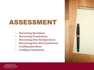 ASSESSMENT
• Borrowing Questions
• Borrowing Conclusions
• Borrowing/Doc Del Questions
• Borrowing/Doc Del Conclusions
• Lending Questions
• Lending Conclusions
 