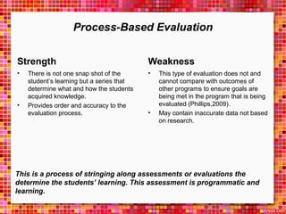 Process-Based Evaluation 
Strength 
• There is not one snap shot of the 
student’s learning but a series that 
determine what and how the students 
acquired knowledge. 
• Provides order and accuracy to the 
evaluation process. 
Weakness 
• This type of evaluation does not and 
cannot compare with outcomes of 
other programs to ensure goals are 
being met in the program that is being 
evaluated (Phillips,2009). 
• May contain inaccurate data not based 
on research. 
This is a process of stringing along assessments or evaluations the 
determine the students’ learning. This assessment is programmatic and 
learning. 
 