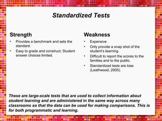 Standardized Tests 
Strength 
• Provides a benchmark and sets the 
standard. 
• Easy to grade and construct; Student 
answer choices limited. 
Weakness 
• Expensive 
• Only provide a snap shot of the 
student’s learning. 
• Difficult to report the scores to the 
families and to the public. 
• Standardized tests are bias 
(Leathwood, 2005). 
These are large-scale tests that are used to collect information about 
student learning and are administered in the same way across many 
classrooms so that the data can be used for making comparisons. This is 
for both programmatic and learning. 
 