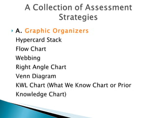 A.  Graphic Organizers   Hypercard Stack  Flow Chart  Webbing  Right Angle Chart  Venn Diagram  KWL Chart (What We Know Chart or Prior Knowledge Chart) 