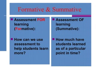 Formative & Summative
 Assessment FOR
learning
(Formative):
 How can we use
assessment to
help students learn
more?
 Assessment OF
learning
(Summative):
 How much have
students learned
as of a particular
point in time?
 