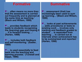 Formative
‘… often means no more than
that the assessment is carried
out frequently and is planned at
the same time as teaching.’
(Black and Wiliam, 1999)
‘… provides feedback which
leads to students recognizing
the (learning) gap and closing it
… it is forward looking …’
(Harlen, 1998)
‘ … includes both feedback
and self-monitoring.’ (Sadler,
1989)
‘… is used essentially to feed
back into the teaching and
learning process.’ (Tunstall and
Gipps, 1996)
Summative
‘…assessment (that) has
increasingly been used to sum
up learning…’(Black and Wiliam,
1999)
‘… looks at past achievements
… adds procedures or tests to
existing work ... involves only
marking and feedback grades to
student … is separated from
teaching … is carried out at
intervals when achievement has
to be summarized and reported.’
(Harlen, 1998)
 
