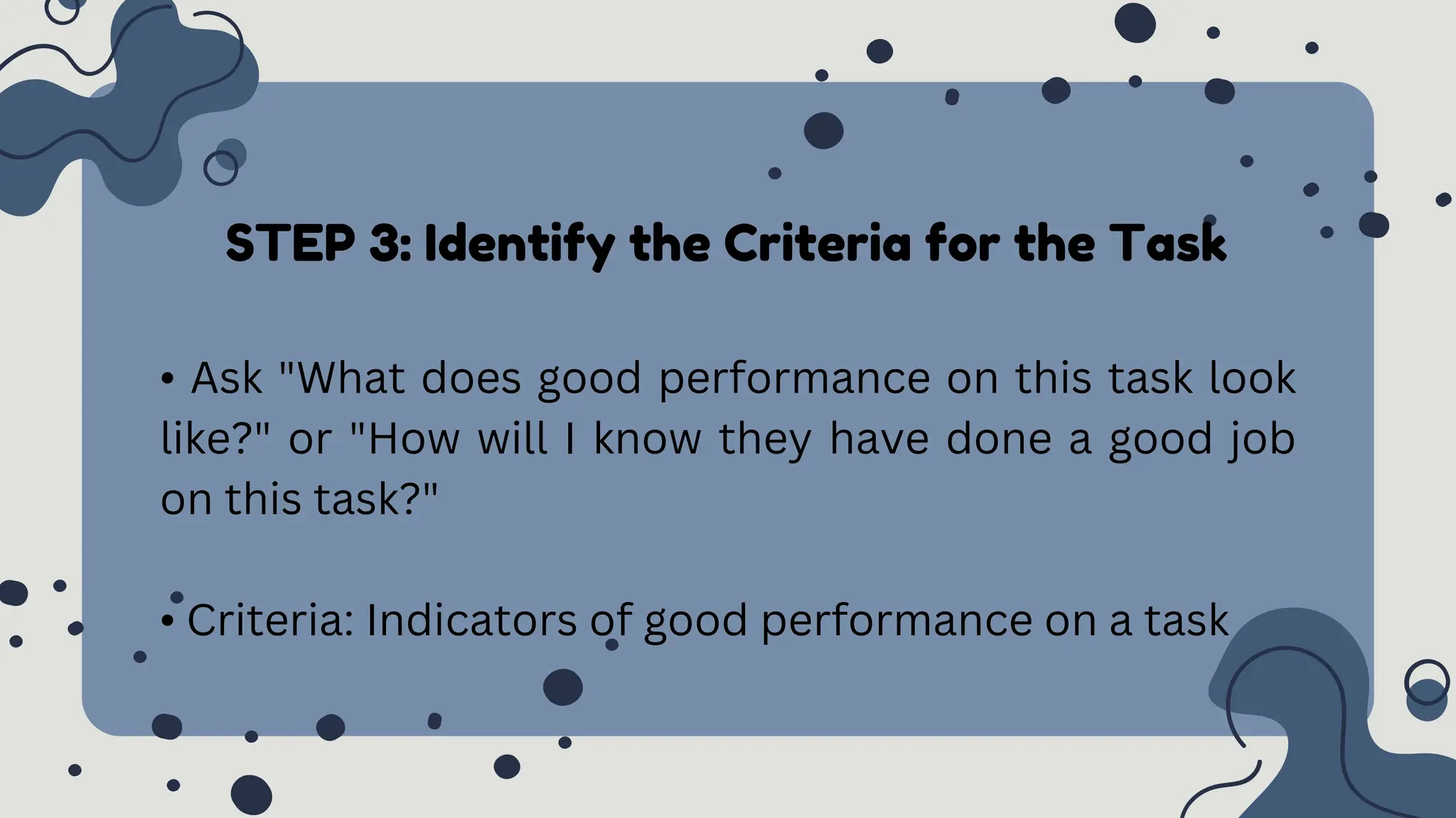 STEP 3: Identify the Criteria for the Task
• Ask "What does good performance on this task look
like?" or "How will I know they have done a good job
on this task?"
• Criteria: Indicators of good performance on a task
 