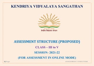 1 | P a g e A S S E S S M E N T S T R U C T U R E
KENDRIYA VIDYALAYA SANGATHAN
ASSESSMENT STRUCTURE (PROPOSED)
CLASS – III to V
SESSION- 2021-22
(FOR ASSESSMENT IN ONLINE MODE)
 