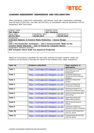 LEARNER ASSESSMENT SUBMISSION AND DECLARATION
LEARNER ASSESSMENT SUBMISSION AND DECLARATION
When submitting evidence for assessment, each learner must sign a declaration confirming
that the work is their own. You may use this form, or incorporate a learner declaration into an
Assignment Brief front sheet.
Learner name:
Neil Rogero
Assessor name:
Iain Goodyear
Issue date:
06/01/2015
Submission date:
05/06/2015
Submitted on:
05/06/2015
Programme:
Extended Diploma in Creative Media Production – Games Design
Unit:
Unit 1 Pre-Production Techniques │ Unit 2 Communication Skills for the
Creative Media Industries │ Unit 73 Sound for Computer Games
Assignment reference and title:
IG2 Computer Game Audio Cut Sequence Production
Please list the evidence submitted for each task. Indicate the page numbers where the
evidence can be found or describe the nature of the evidence (e.g. video, illustration).
Task ref. Evidence submitted Page numbers or
description
Task 1 http://neilrogero23.blogspot.co.uk/ Methods and Principles of
Sound Design and
Production
Task 2 http://neilrogero23.blogspot.co.uk/ Computer Game Cut
Sequence Sound Design
Analysis
Task 3 http://neilrogero23.blogspot.co.uk/ Audio Cut Sequence
Scripts
Task 4 http://neilrogero23.blogspot.co.uk/ Audio Cut Sequence
Production Costings
Task 5 http://neilrogero23.blogspot.co.uk/ Pitching an Audio Cut
Sequence Production Idea
Task 6 http://neilrogero23.blogspot.co.uk/ Audio Cut Sequence Raw
Recordings
Task 7 http://neilrogero23.blogspot.co.uk/ Audio Recording VST
Effects Manipulation
Task 8 http://neilrogero23.blogspot.co.uk/ VST Produced Sound
Effects
Task 9 http://neilrogero23.blogspot.co.uk/ Computer Game Cut
Sequence Audio Production
Task 10 http://neilrogero23.blogspot.co.uk/ Sounds I will Programme
Into my Game
Task 11 http://neilrogero23.blogspot.co.uk/ Programming My Sounds
Into my Game
 