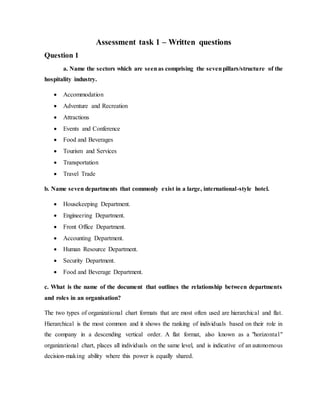 Assessment task 1 – Written questions
Question 1
a. Name the sectors which are seenas comprising the sevenpillars/structure of the
hospitality industry.
 Accommodation
 Adventure and Recreation
 Attractions
 Events and Conference
 Food and Beverages
 Tourism and Services
 Transportation
 Travel Trade
b. Name seven departments that commonly exist in a large, international-style hotel.
 Housekeeping Department.
 Engineering Department.
 Front Office Department.
 Accounting Department.
 Human Resource Department.
 Security Department.
 Food and Beverage Department.
c. What is the name of the document that outlines the relationship between departments
and roles in an organisation?
The two types of organizational chart formats that are most often used are hierarchical and flat.
Hierarchical is the most common and it shows the ranking of individuals based on their role in
the company in a descending vertical order. A flat format, also known as a "horizontal"
organizational chart, places all individuals on the same level, and is indicative of an autonomous
decision-making ability where this power is equally shared.
 