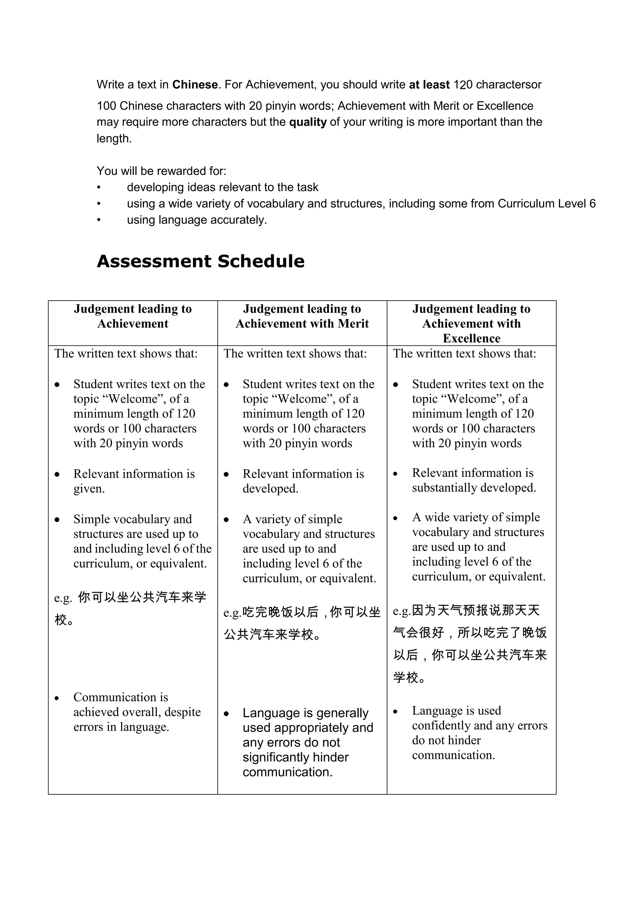 Write a text in Chinese. For Achievement, you should write at least 120 charactersor
        100 Chinese characters with 20 pinyin words; Achievement with Merit or Excellence
        may require more characters but the quality of your writing is more important than the
        length.

        You will be rewarded for:
        •    developing ideas relevant to the task
        •    using a wide variety of vocabulary and structures, including some from Curriculum Level 6
        •    using language accurately.


        Assessment Schedule

   Judgement leading to              Judgement leading to            Judgement leading to
      Achievement                   Achievement with Merit             Achievement with
                                                                           Excellence
The written text shows that:      The written text shows that:    The written text shows that:

   Student writes text on the        Student writes text on the      Student writes text on the
   topic “Welcome”, of a             topic “Welcome”, of a           topic “Welcome”, of a
   minimum length of 120             minimum length of 120           minimum length of 120
   words or 100 characters           words or 100 characters         words or 100 characters
   with 20 pinyin words              with 20 pinyin words            with 20 pinyin words

   Relevant information is           Relevant information is         Relevant information is
   given.                            developed.                      substantially developed.

   Simple vocabulary and             A variety of simple             A wide variety of simple
   structures are used up to         vocabulary and structures       vocabulary and structures
   and including level 6 of the      are used up to and              are used up to and
   curriculum, or equivalent.        including level 6 of the        including level 6 of the
                                     curriculum, or equivalent.      curriculum, or equivalent.
e.g. 你可以坐公共汽车来学
                                  e.g.吃完晚饭以后，你可以坐 e.g.因为天气预报说那天天
校。
                                  公共汽车来学校。                        气会很好，所以吃完了晚饭
                                                                  以后，你可以坐公共汽车来
                                                                  学校。
   Communication is
   achieved overall, despite         Language is generally           Language is used
   errors in language.               used appropriately and          confidently and any errors
                                     any errors do not               do not hinder
                                     significantly hinder            communication.
                                     communication.
 