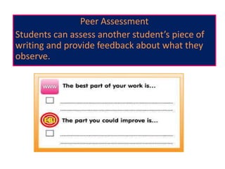 Peer Assessment
Students can assess another student’s piece of
writing and provide feedback about what they
observe.
 