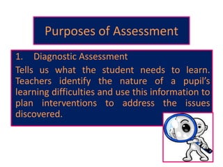 Purposes of Assessment
1. Diagnostic Assessment
Tells us what the student needs to learn.
Teachers identify the nature of a pupil’s
learning difficulties and use this information to
plan interventions to address the issues
discovered.
 