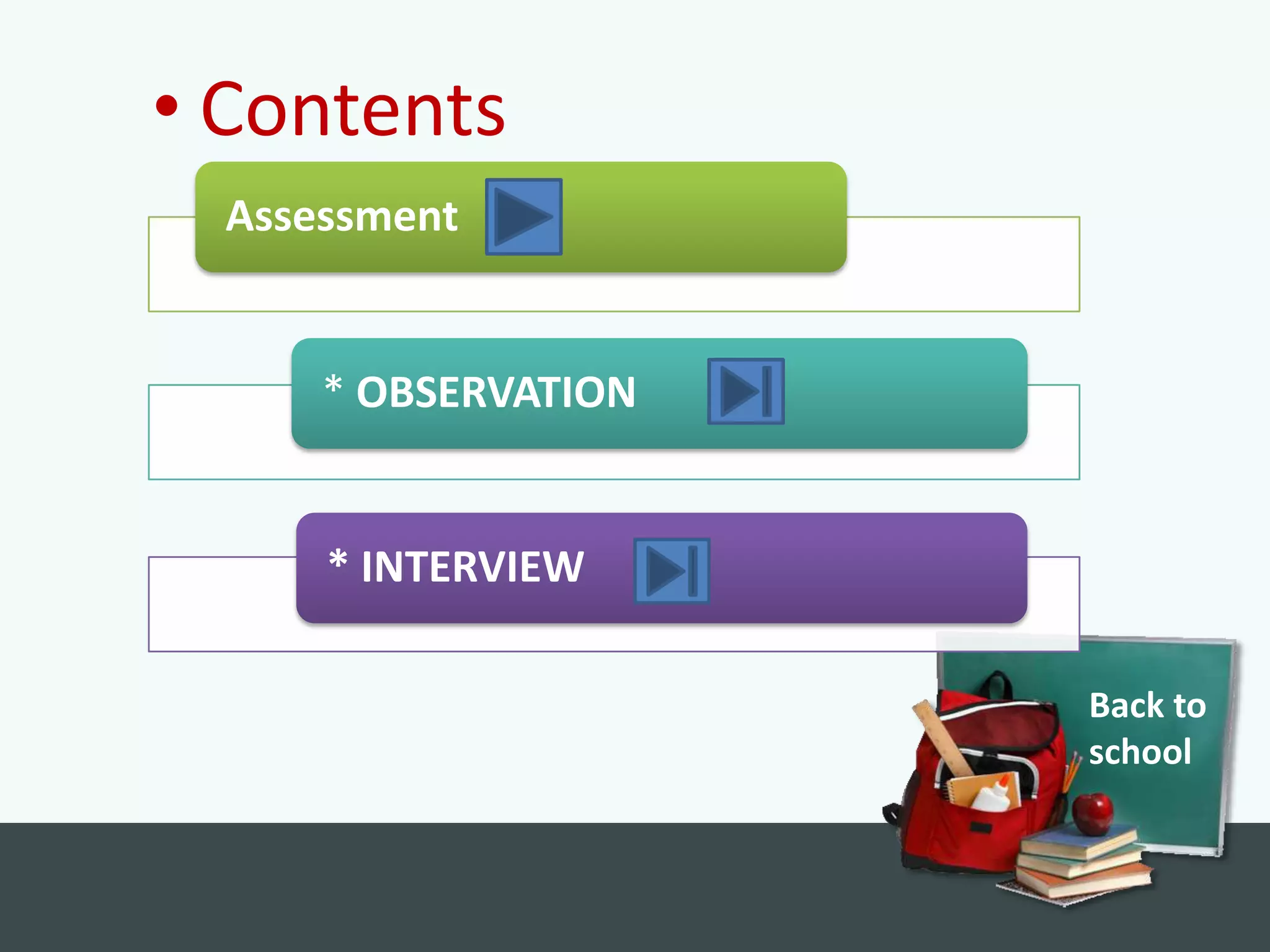 • Contents
  Assessment


      * OBSERVATION


      * INTERVIEW

                      Back to
                      school
 