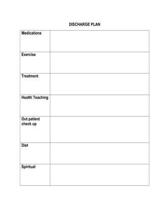 DISCHARGE PLAN
Medications
Exercise
Treatment
Health Teaching
Out patient
check up
Diet
Spiritual
 