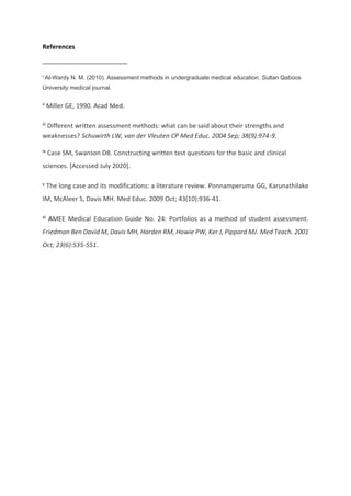 References
i
Al-Wardy N. M. (2010). Assessment methods in undergraduate medical education. Sultan Qaboos
University medical journal.
ii
Miller GE, 1990. Acad Med.
iii
Different written assessment methods: what can be said about their strengths and
weaknesses? Schuwirth LW, van der Vleuten CP Med Educ. 2004 Sep; 38(9):974-9.
iv
Case SM, Swanson DB. Constructing written test questions for the basic and clinical
sciences. [Accessed July 2020].
v
The long case and its modifications: a literature review. Ponnamperuma GG, Karunathilake
IM, McAleer S, Davis MH. Med Educ. 2009 Oct; 43(10):936-41.
vi AMEE Medical Education Guide No. 24: Portfolios as a method of student assessment.
Friedman Ben David M, Davis MH, Harden RM, Howie PW, Ker J, Pippard MJ. Med Teach. 2001
Oct; 23(6):535-551.
 