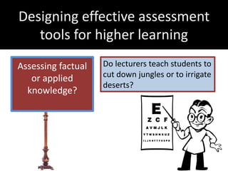 Designing effective assessment
   tools for higher learning
Assessing factual   Do lecturers teach students to
   or applied       cut down jungles or to irrigate
                    deserts?
  knowledge?
 
