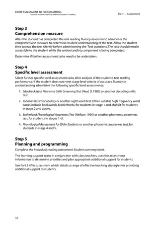 10
Part 1 – Assessment
FROM ASSESSMENT TO PROGRAMMING
Assisting students requiring additional support in reading
Step 3
Comprehension measure
After the student has completed the oral reading fluency assessment,administer the
comprehension measure to determine student understanding of the text.Allow the student
time to read the text silently before administering the‘Text questions’.The text should remain
accessible to the student while the understanding component is being completed.
Determine if further assessment tasks need to be undertaken.
Step 4
Specific level assessment
Select further specific level assessment tasks after analysis of the student’s text reading
performance.If the student does not meet stage level criteria of accuracy,fluency or
understanding administer the following specific level assessments:
1.	Educheck Neal Phonemic Skills ScreeningTest (Neal,D.1988) or another decoding skills
test.
2.	Johnson Basic Vocabulary or another sight word test.Other suitable high frequency word
banks include Bookwords,M100 Words,for students in stage 1 and Multilit for students
in stage 2 and above.
3.	Sutherland Phonological AwarenessTest (Neilson 1995) or another phonemic awareness
test,for students in stages 1–3.
4.	Phonological Assessment for Older Students or another phonemic awareness test,for
students in stage 4 and 5.
Step 5
Planning and programming
Complete the Individual reading assessment:Student summary sheet.
The learning support team,in conjunction with class teachers,uses the assessment
information to determine priorities and plan appropriate additional support for students.
See Part 2 After assessment which details a range of effective teaching strategies for providing
additional support to students.
 