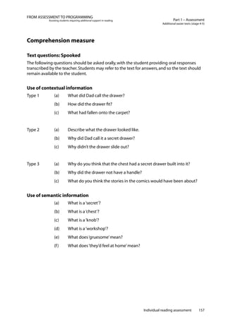 Individual reading assessment 157
Part 1 – Assessment
Additional easier texts (stage 4-5)
FROM ASSESSMENT TO PROGRAMMING
Assisting students requiring additional support in reading
Comprehension measure
Text questions: Spooked
The following questions should be asked orally,with the student providing oral responses
transcribed by the teacher.Students may refer to the text for answers,and so the text should
remain available to the student.
Use of contextual information
Type 1		 (a)	 What did Dad call the drawer?
	 	 (b)	 How did the drawer fit?
	 	 (c)	 What had fallen onto the carpet?
Type 2		 (a)	 Describe what the drawer looked like.
	 	 (b)	 Why did Dad call it a secret drawer?
	 	 (c)	 Why didn’t the drawer slide out?
Type 3		 (a)	 Why do you think that the chest had a secret drawer built into it?
	 	 (b)	 Why did the drawer not have a handle?
	 	 (c)	 What do you think the stories in the comics would have been about?
Use of semantic information
		 (a)	 What is a‘secret’?
		 (b) 	 What is a‘chest’?
		 (c) 	 What is a‘knob’?
	 	 (d)	 What is a‘workshop’?
	 	 (e)	 What does‘gruesome’mean?
	 	 (f)	 What does‘they’d feel at home’mean?
 