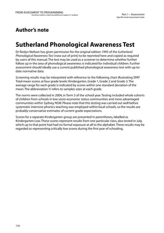 176
Part 1 – Assessment
Specific level assessment tasks
FROM ASSESSMENT TO PROGRAMMING
Assisting students requiring additional support in reading
Author’s note
Sutherland Phonological Awareness Test
Dr Roslyn Neilson has given permission for the original edition 1995 of the Sutherland
Phonological AwarenessTest (now out of print) to be reprinted here and copied as required
by users of this manual.The test may be used as a screener to determine whether further
follow up in the area of phonological awareness is indicated for individual children.Further
assessment should ideally use a current published phonological awareness test with up-to-
date normative data.
Screening results may be interpreted with reference to the following chart illustrating SPAT
Total mean scores at four grade levels:Kindergarten,Grade 1,Grade 2 and Grade 3.The
average range for each grade is indicated by scores within one standard deviation of the
mean.The abbreviation‘n’refers to samples sizes at each grade.
The norms were collected in 2004,in Term 3 of the school year.Testing included whole cohorts
of children from schools in low socio-economic status communities and more advantaged
communities within Sydney,NSW.Please note that this testing was carried out well before
systematic intensive phonics teaching was employed within local schools,so the results are
probably conservative estimates of current grade expectations.
Scores for a separate Kindergarten group are presented in parentheses,labelled as
Kindergarten Low.These scores represent results from one particular class,also tested in July,
which up to that point had had no formal exposure at all to the alphabet.These results may be
regarded as representing critically low scores during the first year of schooling.
 