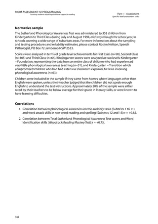 184
Part 1 – Assessment
Specific level assessment tasks
FROM ASSESSMENT TO PROGRAMMING
Assisting students requiring additional support in reading
Normative sample
The Sutherland Phonological Awareness Test was administered to 353 children from
Kindergarten to Third Class during July and August 1994,mid-way through the school year,in
schools covering a wide range of suburban areas.For more information about the sampling
and testing procedures and reliability estimates,please contact Roslyn Neilson,Speech
Pathologist,PO Box 72 Jamberoo NSW 2533.
Scores were analysed in terms of grade level achievements for First Class (n=90),Second Class
(n=105) and Third Class (n=64).Kindergarten scores were analysed at two levels:Kindergarten
– Foundation,representing the data from an entire class of children who had experienced
very little phonological awareness teaching (n=31),and Kindergarten – Transition which
compromised children who had had extensive classroom exposure to tasks involving
phonological awareness (n=63).
Children were included in the sample if they came from homes where languages other than
English were spoken,unless their teacher judged that the children did not speak enough
English to understand the test instructions.Approximately 20% of the sample were either
rated by their teachers to be below average for their grade in literacy skills,or were known to
have learning difficulties.
Correlations
1.	 Correlation between phonological awareness on the auditory tasks (Subtests 1 to 11)
and word attack skills in non-word reading and spelling (Subtests 12 and 13):r = +0.82.
2.	 Correlation between Total Sutherland Phonological Awareness Test scores and Word
Identification skills (Woodcock:Reading MasteryTest):r = +0.75.
 