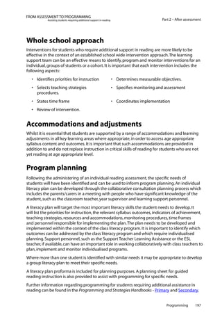 Programming 197
Part 2 – After assessment
FROM ASSESSMENT TO PROGRAMMING
Assisting students requiring additional support in reading
Whole school approach
Interventions for students who require additional support in reading are more likely to be
effective in the context of an established school wide intervention approach.The learning
support team can be an effective means to identify,program and monitor interventions for an
individual,groups of students or a cohort.It is important that each intervention includes the
following aspects:
•	 Identifies priorities for instruction	 •	 Determines measurable objectives.
•	 Selects teaching strategies	 •	 Specifies monitoring and assessment
procedures.
•	 States time frame	 •	 Coordinates implementation
•	 Review of intervention.
Accommodations and adjustments
Whilst it is essential that students are supported by a range of accommodations and learning
adjustments in all key learning areas where appropriate,in order to access age appropriate
syllabus content and outcomes.It is important that such accommodations are provided in
addition to and do not replace instruction in critical skills of reading for students who are not
yet reading at age appropriate level.
Program planning
Following the administering of an individual reading assessment,the specific needs of
students will have been identified and can be used to inform program planning.An individual
literacy plan can be developed through the collaborative consultation planning process which
includes the parents/carers in a meeting with people who have significant knowledge of the
student,such as the classroom teacher,year supervisor and learning support personnel.
A literacy plan will target the most important literacy skills the student needs to develop.It
will list the priorities for instruction,the relevant syllabus outcomes,indicators of achievement,
teaching strategies,resources and accommodations,monitoring procedures,time frames
and personnel responsible for implementing the plan.The plan needs to be developed and
implemented within the context of the class literacy program.It is important to identify which
outcomes can be addressed by the class literacy program and which require individualised
planning.Support personnel,such as the Support Teacher Learning Assistance or the ESL
teacher,if available,can have an important role in working collaboratively with class teachers to
plan,implement and monitor individualised programs.
Where more than one student is identified with similar needs it may be appropriate to develop
a group literacy plan to meet their specific needs.
A literacy plan proforma is included for planning purposes.A planning sheet for guided
reading instruction is also provided to assist with programming for specific needs.
Further information regarding programming for students requiring additional assistance in
reading can be found in the Programming and Strategies Handbooks - Primary and Secondary.
 
